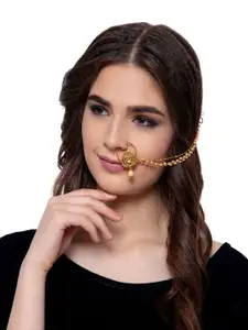 ANIKAS CREATION Gold-Plated Beaded & Stone-Studded Chained Vilandi Nose Ring