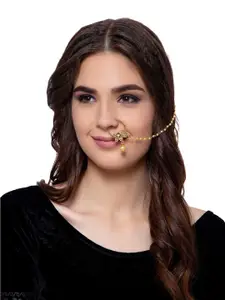 ANIKAS CREATION Gold-Plated Beaded & Stone-Studded Chained Nose Ring