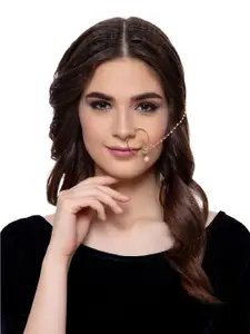 ANIKAS CREATION Gold-Plated & White Beaded & Stone-Studded Chained Nose Ring