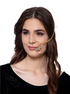 ANIKAS CREATION Gold-Plated & Off-White Beaded & Stone-Studded Chained Nose Ring
