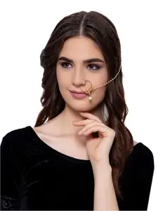 ANIKAS CREATION Gold-Plated & Off-White Beaded & Stone-Studded Chained Nose Ring
