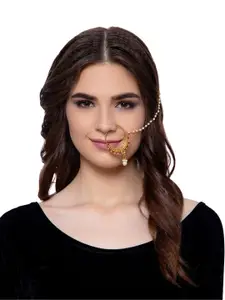 ANIKAS CREATION Gold-Plated & Off-White Beaded & Stone-Studded Chained Nose Ring