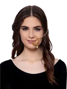 ANIKAS CREATION Gold-Plated & Off-White Beaded & Stone-Studded Chained Nose Ring
