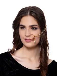 ANIKAS CREATION Gold-Plated & Off-White Beaded & Stone-Studded Chained Nose Ring