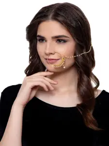 ANIKAS CREATION Gold-Plated Off-White Beaded & Stone-Studded Chained Nose Ring