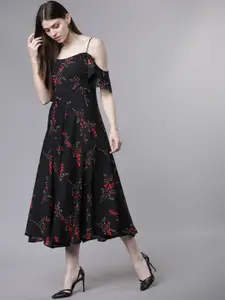 Tokyo Talkies Women Black & Red Printed Fit and Flare Dress