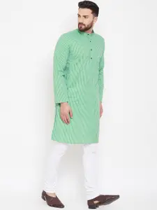 even Men Green & Off-White Striped Straight Kurta