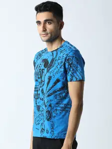 Huetrap Men Blue & Black Printed Round Neck T-shirt