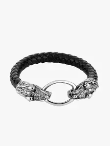 Peora Men Black Stainless Steel Silver-Plated Wraparound Bracelet