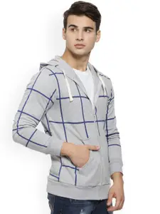 Campus Sutra Men Grey Checked Hooded Sweatshirt