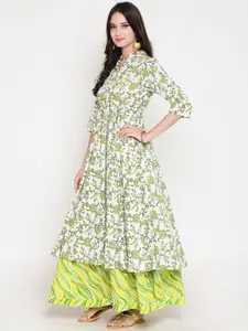Sera Women Off-White & Green Printed Kurta with Skirt