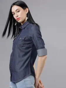 Tokyo Talkies Women Navy Blue Slim Fit Solid Casual Shirt