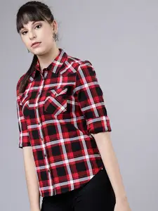 Tokyo Talkies Women Red & Black Regular Fit Checked Casual Shirt
