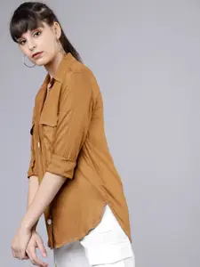 Tokyo Talkies Women Mustard Brown Regular Fit Solid Casual Shirt