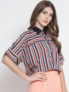 Oxolloxo Women Multicoloured Regular Fit Striped Crop Casual Shirt