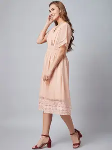 Athena Women Nude-Coloured Lace Trim Fit and Flare Dress
