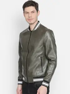 Basics Men Olive Green Solid Biker Jacket