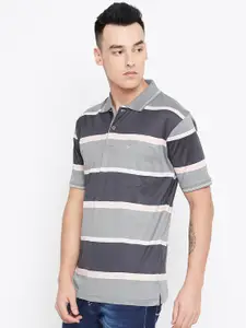 Duke Men Grey And Black Striped Polo Collar T-shirt