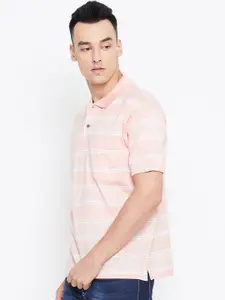 Duke Men Peach And White Striped Polo Collar T-shirt