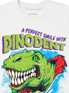 THREADCURRY Boys White Dinodent Printed Round Neck T-shirt