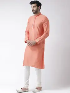 KISAH Men Coral Pink & White Solid Kurta with Churidar