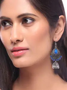 Silvermerc Designs Silver-Toned & Blue Teardrop Shaped Jhumkas