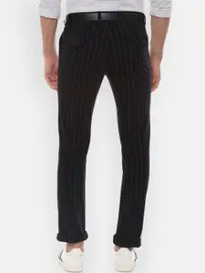 V Dot Men Black Slim Fit Striped Regular Trousers