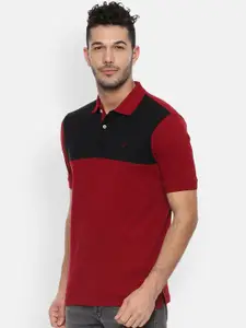 Allen Solly Men Maroon  Black Colourblocked Polo Collar Pure Cotton T-shirt