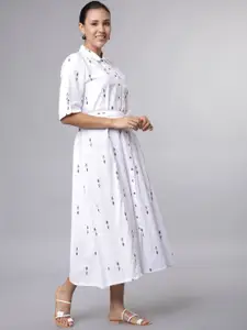 Vishudh Women Off-White & Grey Yarn Dyed Printed Shirt Dress