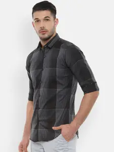 V Dot Men Black & Grey Skinny Fit Checked Casual Shirt