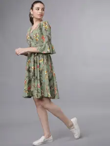 Tokyo Talkies Women Olive Green & Orange Printed Wrap Dress