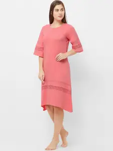 Soie Coral Pink Solid Knee Length Nightdress NT-116SUNKIST