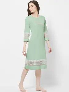 Soie Women Green Solid Knee Length Nightdress