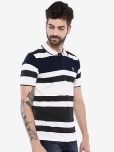 Duke Men Off-White & Navy Blue Striped Polo Collar T-shirt