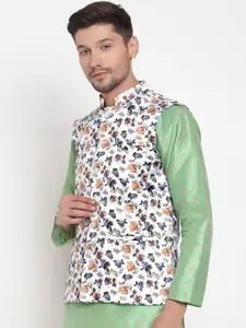 KLOTTHE Men White & Blue Floral Printed Nehru Jacket