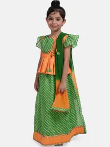 BownBee Girls Green & Orange Printed Ready to Wear Lehenga & Blouse with Dupatta