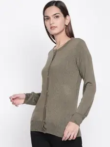 Honey by Pantaloons Women Olive Green Solid Cardigan Sweater
