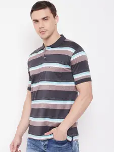 Duke Men Grey Striped Polo Collar T-shirt