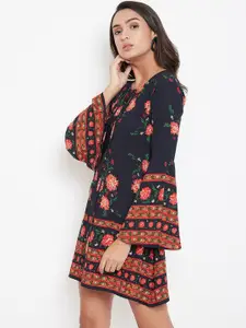 Berrylush Women Navy Blue & Orange Printed A-Line Dress