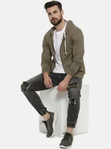 Campus Sutra Men Olive Green Solid Hooded Sweatshirt