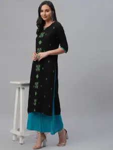 Libas Women Black & Green Embroidered Straight Kurta