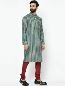 KISAH Men Green & Maroon Striped Straight Kurta