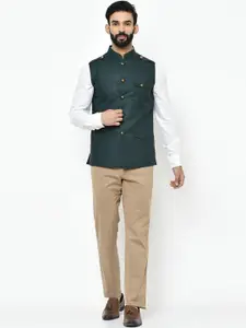KISAH Men Green Solid Woven Nehru Jacket