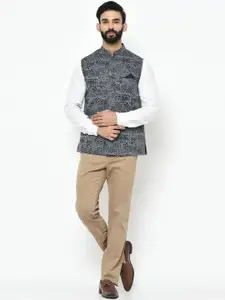 KISAH Men Grey Melange & Black Printed Nehru Jacket