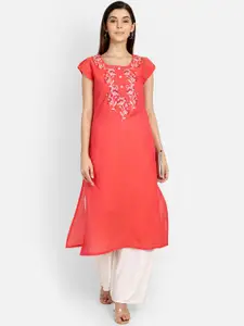 Saffron Threads Women Coral & White Solid Straight Kurta
