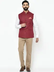 KISAH Men Maroon Solid Nehru Jacket