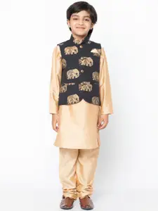 KISAH Boys Black & Gold-Colour Printed Woven Nehru Jacket