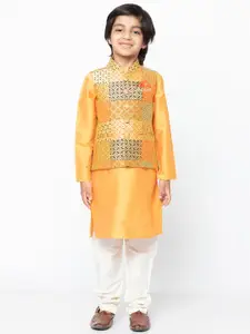 KISAH Boys Orange & Grey Printed Nehru Jacket
