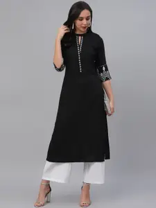 Libas Women Black & Off-White Embroidered Straight Kurta