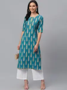 Libas Women Blue Printed Straight Kurta